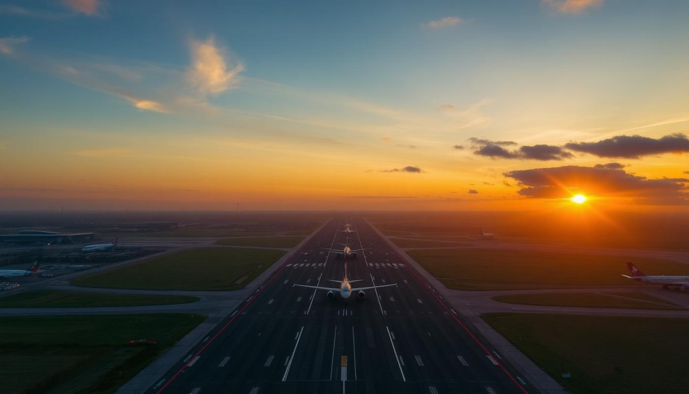 Aircraft queueing on a London runway at sunset